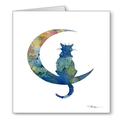 DJ Rogers Fine Art Black Cat Blue Moon - Set of 10 Abstract Watercolor Note Cards With Envelopes