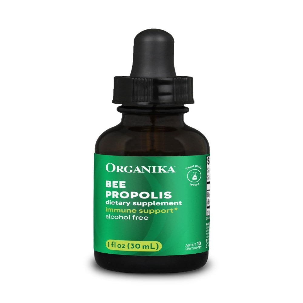 Organika Bee Propolis Tincture 1 oz: Vegan Propolis Extract - Throat and Breathing - Free of Gluten, GMO, & Artificial Flavors - 10 Day Prop Drops Supply
