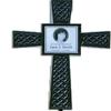Memorial Cross made of powder coated steel for outdoor use with a 4"x 4" photo tile of photo you submit to us. Black Steel
