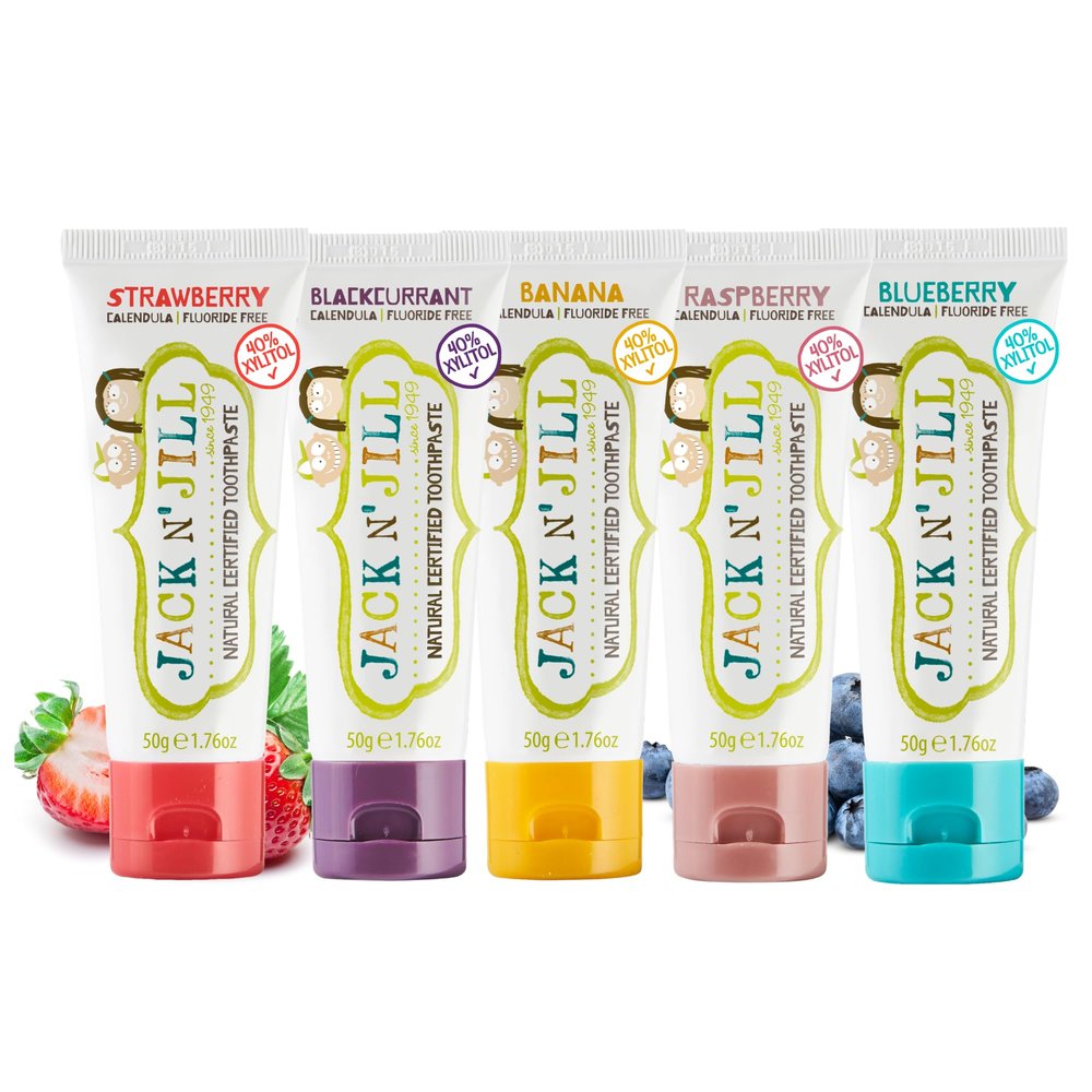Jack N' Jill Natural Toddler Toothpaste - Fluoride Free Training Toothpaste for Toddlers 1-3, 40% Xylitol, BPA Free - 1.76 oz (Variety Pack of 5)