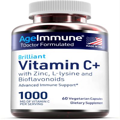 AgeImmune Vitamin C 1000mg Complex with L-Lysine 500mg, Zinc 12mg, Bioflavonoids 300mg. Doctor Formulated Magnesium Stearate Free Supplements for Healthy Immune System Support.(1)