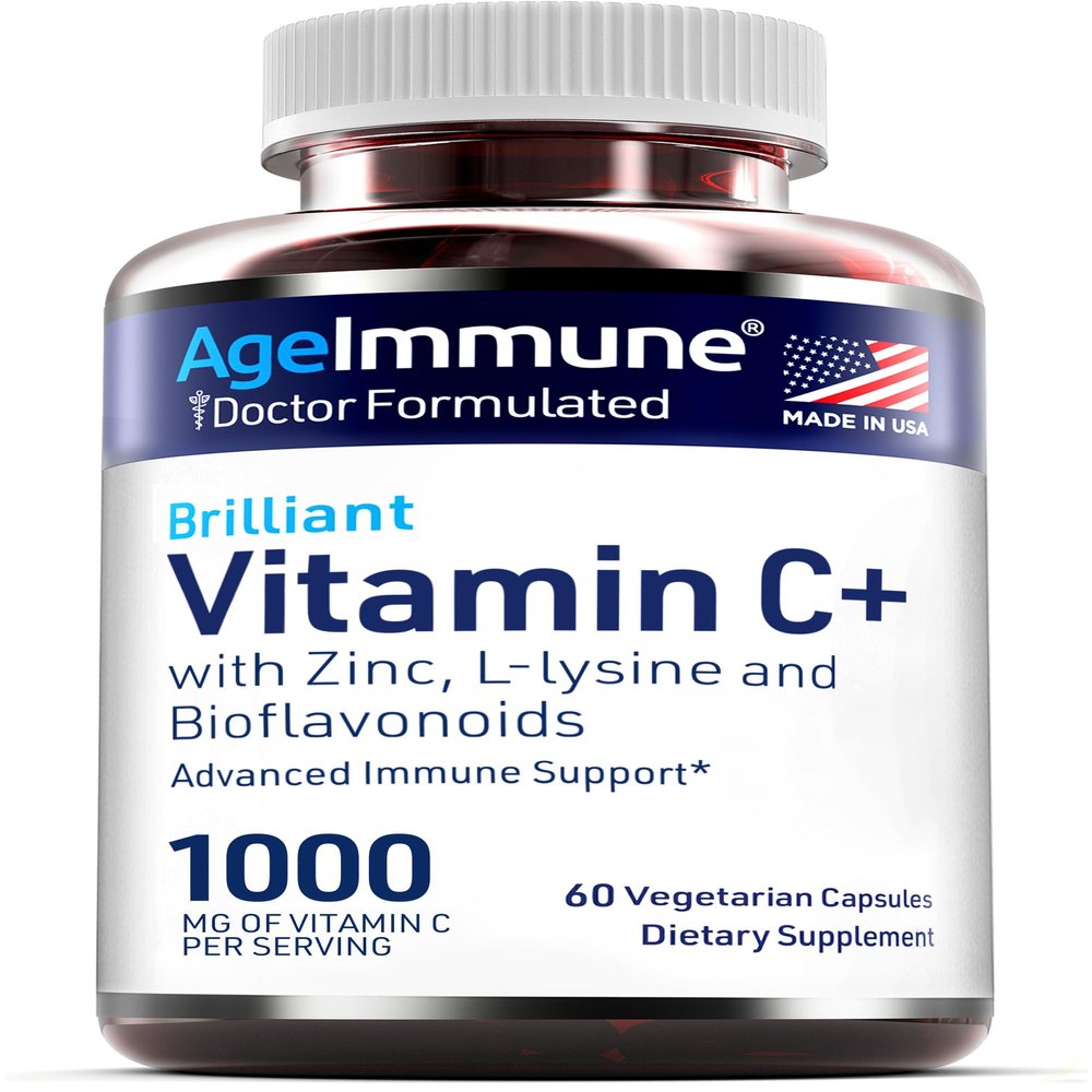 AgeImmune Vitamin C 1000mg Complex with L-Lysine 500mg, Zinc 12mg, Bioflavonoids 300mg. Doctor Formulated Magnesium Stearate Free Supplements for Healthy Immune System Support.(1)