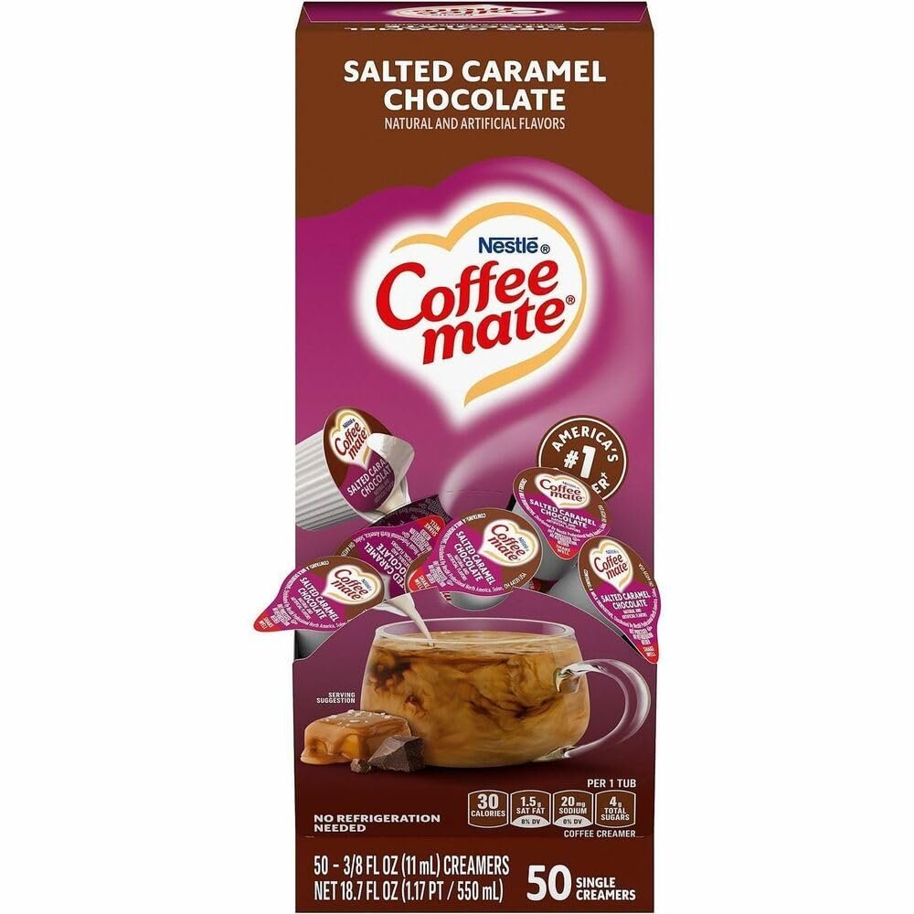 Liquid Coffee Creamer, Salted Caramel Chocolate, 0.38 oz Mini Cups, 50/Box, 4 Boxes/Carton