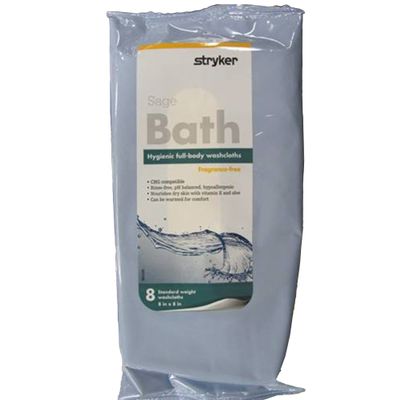 Sage Impreva Bath Cleansing Washcloths - 1 package, 8 cloths - Rinse Free Disposable Bathing Wipes - Hypoallergenic - Standard weight