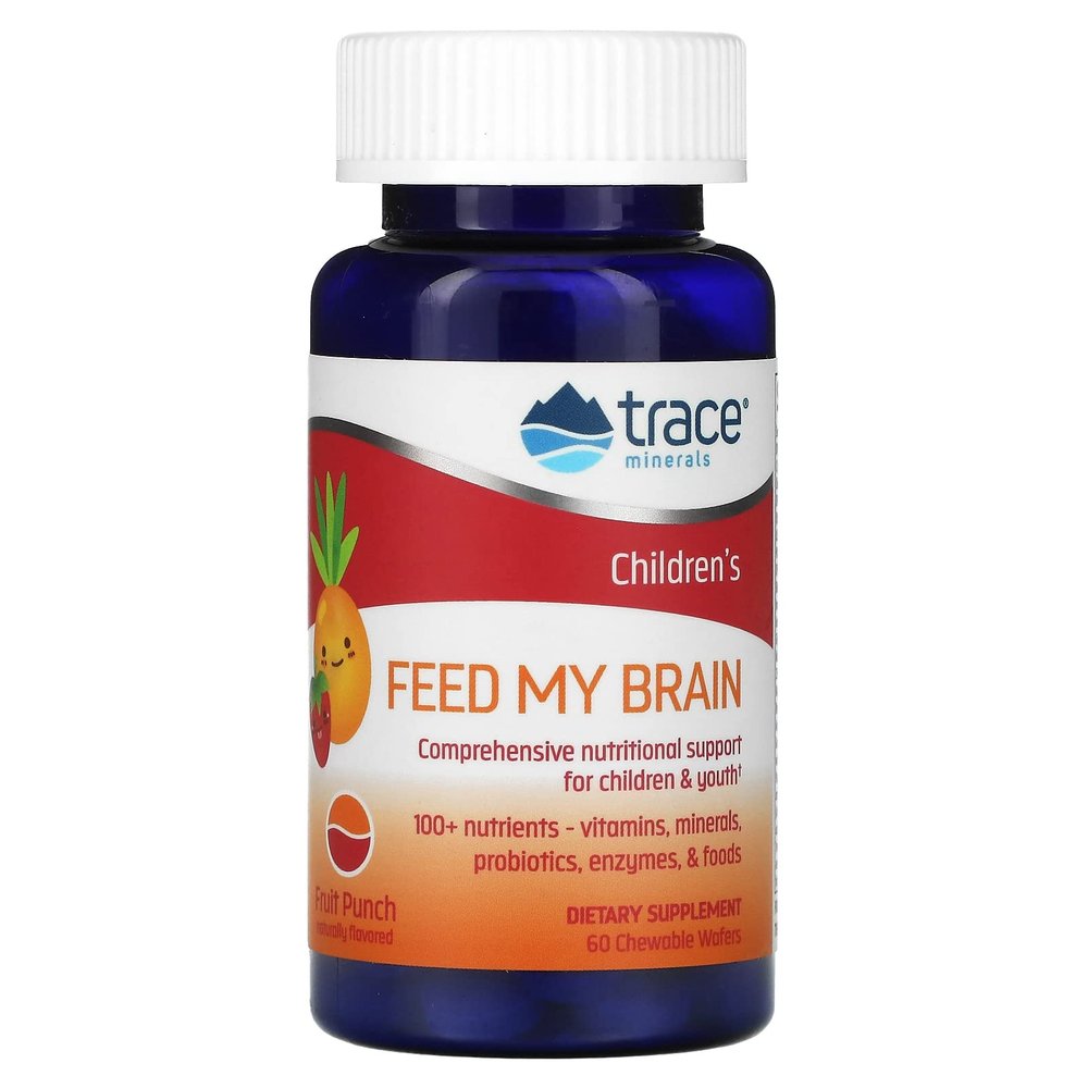 Trace Minerals Children's Feed My Brain - Brain Support Supplement for Kids - Multivitamin for Focus Support with Enzymes, Vitamins & Minerals - Fruit Punch Flavor, 60 Chewable Wafers (30 Servings)