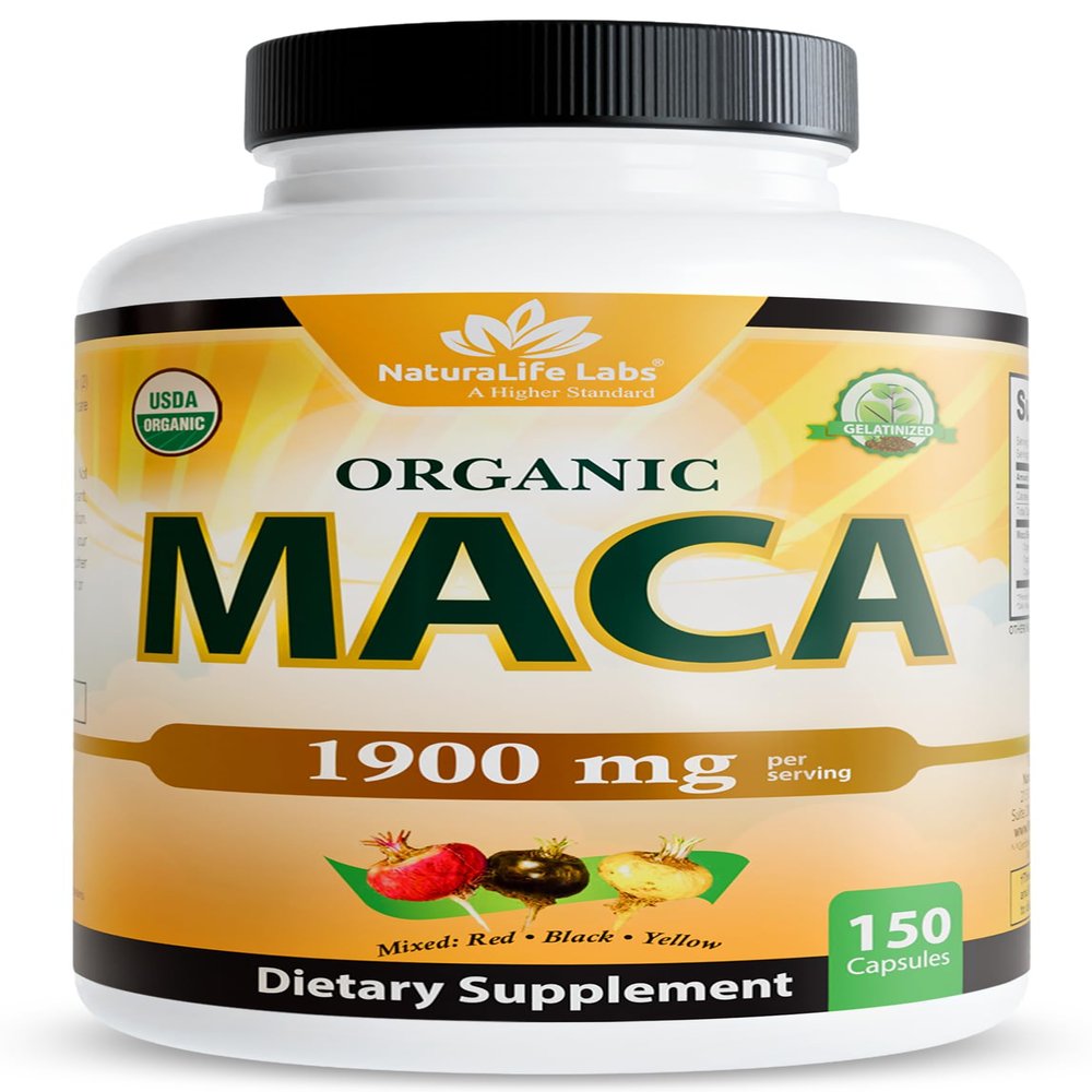 NaturaLife Labs Organic Maca Root Black, Red & Yellow 1900 mg per Serving 150 Capsules Gelatinized Peruvian Maca Non-GMO, Gluten-Free, Vegan