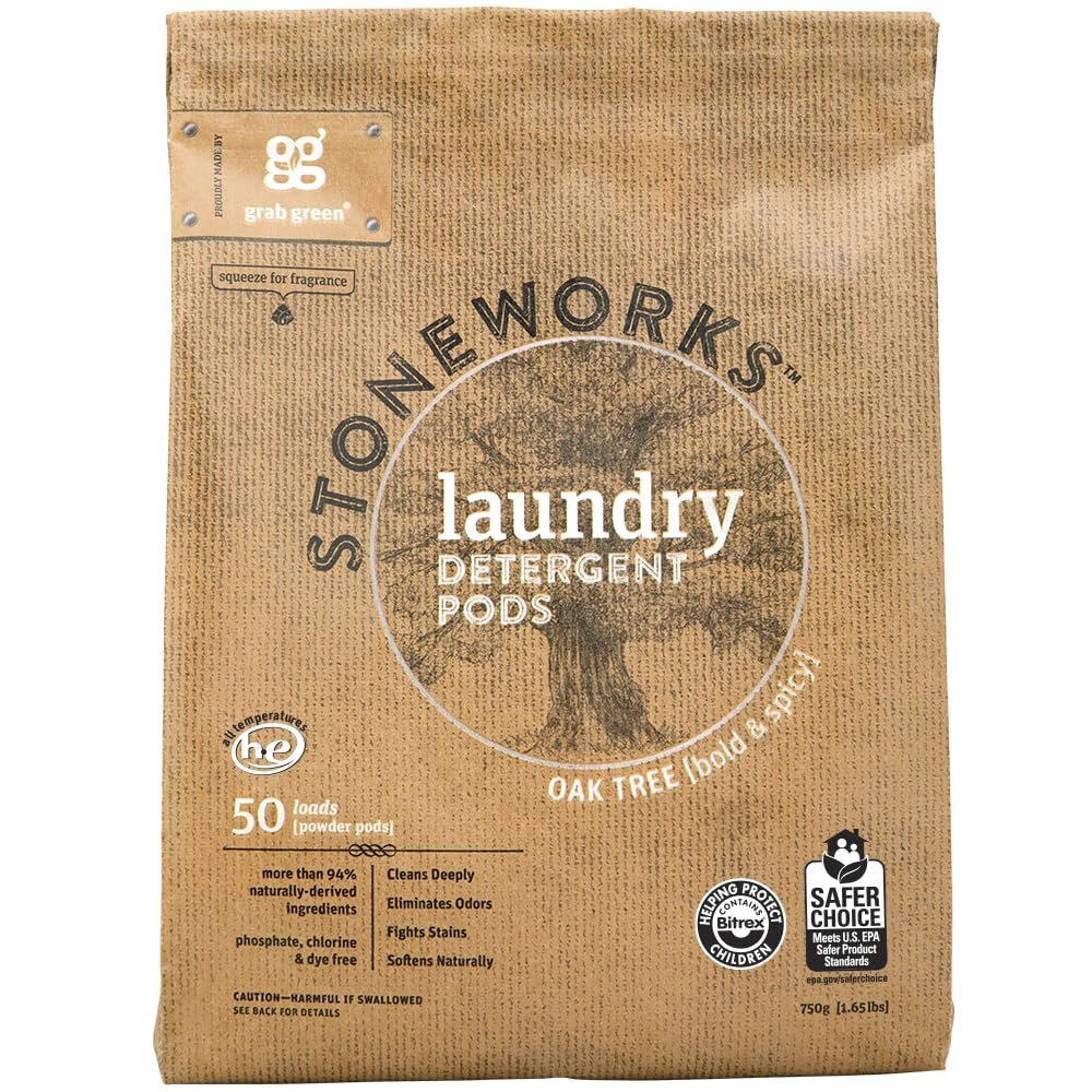 Grab Green Stoneworks Natural Laundry Detergent Powder Pods, Oak Tree, 50 Loads
