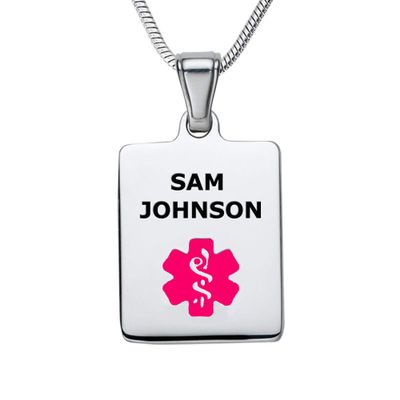 Divoti Deep Custom Laser Engraved Stainless Steel Medical Alert Necklace for Women, Sleek Tag Medical ID Necklace, Medical Pendant Tag w/Free Engraving -24/28" Snake Chain -Vivid Red