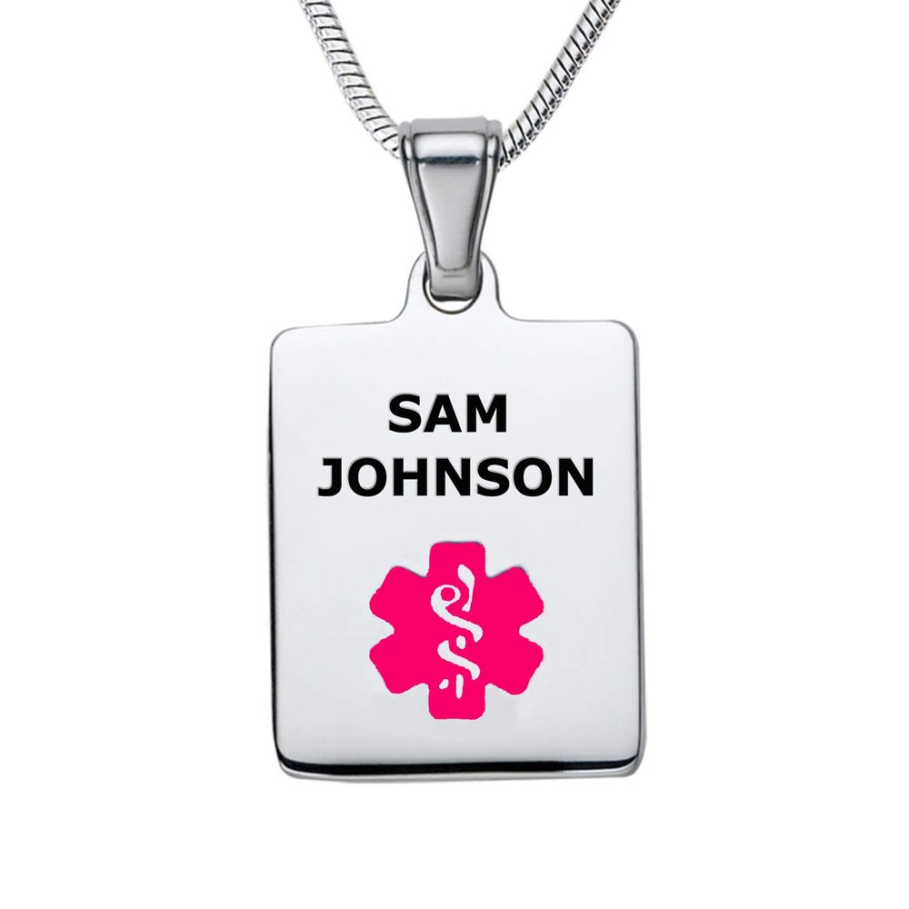 Divoti Deep Custom Laser Engraved Stainless Steel Medical Alert Necklace for Women, Sleek Tag Medical ID Necklace, Medical Pendant Tag w/Free Engraving -24/28" Snake Chain -Vivid Red