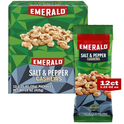 Emerald Nuts Salt and Pepper Seasoned Cashews 12 Ct (1-Pack) | 1.25 Oz Individual Snack Tubes | Plant-Based Protein, Kosher Certified, Non-GMO | Contains No Artificial Preservatives, Flavors or Synthetic Colors
