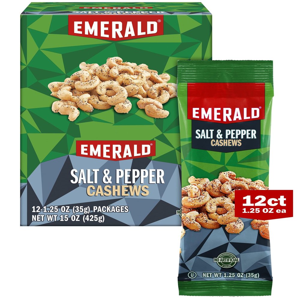 Emerald Nuts Salt and Pepper Seasoned Cashews 12 Ct (1-Pack) | 1.25 Oz Individual Snack Tubes | Plant-Based Protein, Kosher Certified, Non-GMO | Contains No Artificial Preservatives, Flavors or Synthetic Colors