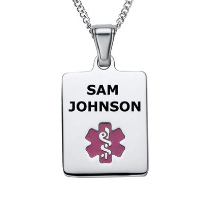 Divoti Deep Custom Laser Engraved Stainless Steel Medical Alert Necklace for Women, Sleek Tag Medical ID Necklace, Medical Pendant Tag w/Free Engraving -24/28" Curb Chain -TP Magenta