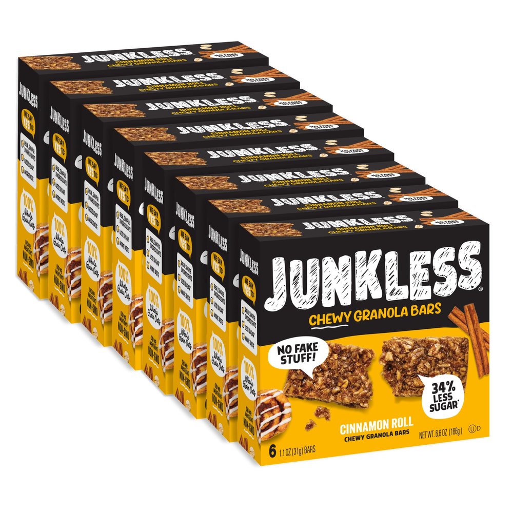 Junkless Cinnamon Roll Chewy Granola Bars - Less Sugar, Great Tasting, Wholesome Snacks - Bulk Granola Bars - 1.1 oz. Bars, 8 Boxes