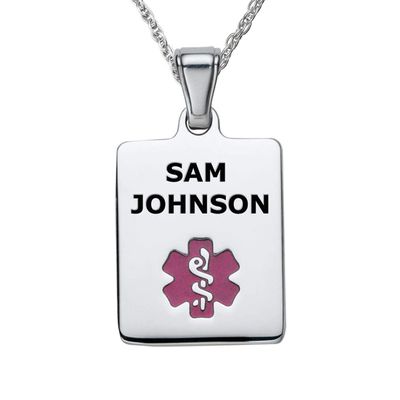 Divoti Deep Custom Laser Engraved Stainless Steel Medical Alert Necklace for Women, Sleek Tag Medical ID Necklace, Medical Pendant Tag w/Free Engraving -24" Rope Chain -TP Magenta