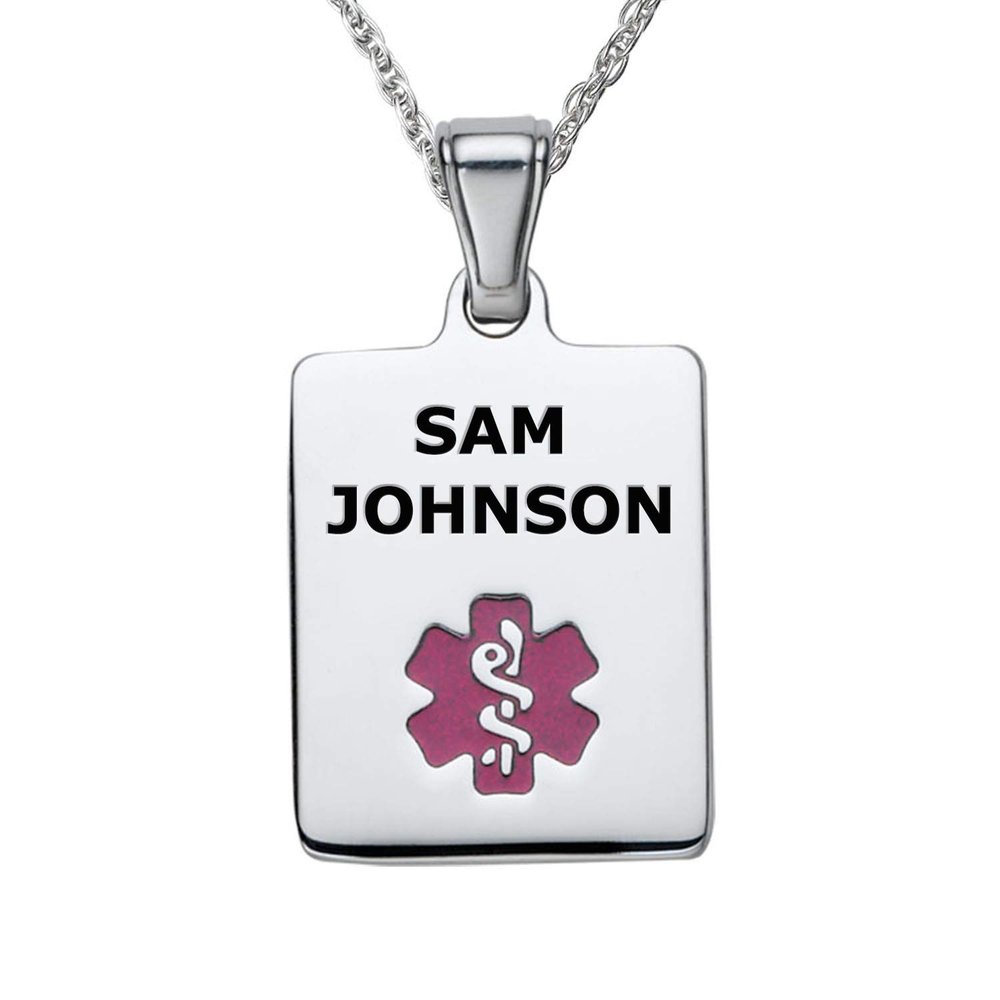 Divoti Deep Custom Laser Engraved Stainless Steel Medical Alert Necklace for Women, Sleek Tag Medical ID Necklace, Medical Pendant Tag w/Free Engraving -24" Rope Chain -TP Magenta