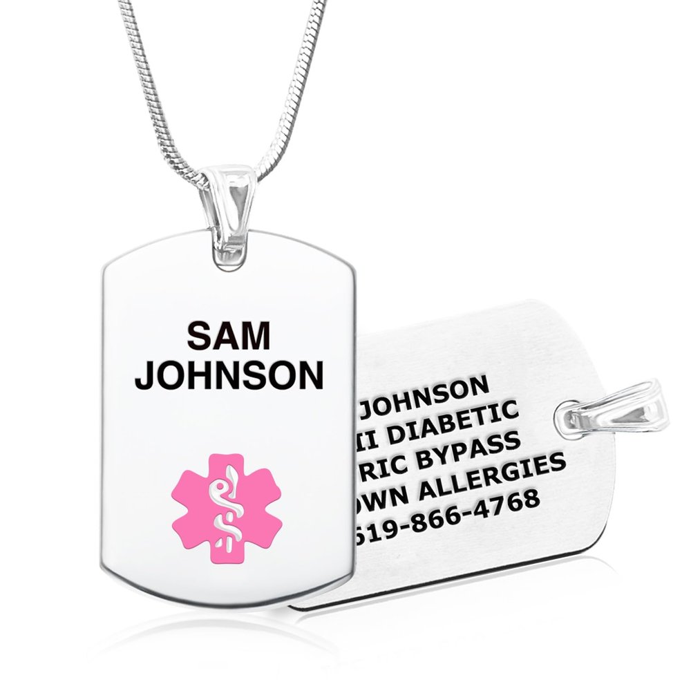 Divoti Custom Engraved Stainless Steel Medical Alert ID Necklace | Personalized Lobster Clasp with Snake chain | Stylish, Durable & Heavy Duty Construction | Comfortable Fit for Daily Wear  24/Pink