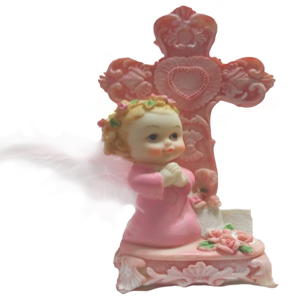 Baptism Christening First Communion Praying Angel Girl Next to a Cross with Bible on a side