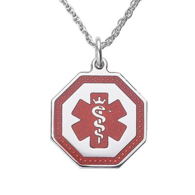 Divoti Deep Custom Laser Engraved Stainless Steel Medical Alert Necklace for Women, Premier Octagon Tag Medical ID Necklace, Medical Pendant Tag w/Free Engraving- 24 in Rope Chain -TP Red
