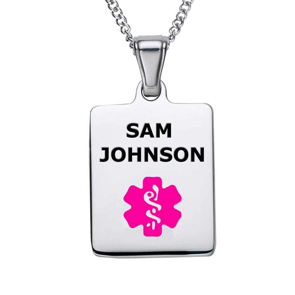 Divoti Deep Custom Laser Engraved Stainless Steel Medical Alert Necklace for Women, Sleek Tag Medical ID Necklace, Medical Pendant Tag w/Free Engraving -24/28" Curb Chain -Violet