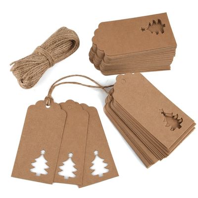 Outus 100 Pieces Christmas Kraft Paper Gift Tags Hollow Christmas Tree Design with 66 Feet Twines for Christmas Favor