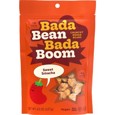Bada Bean Bada Boom - Plant-Based Protein, Gluten Free, Vegan, Crunchy Roasted Broad (Fava) Bean Snacks, 110 Calories per Serving, Sweet Sriracha, 4.5 Ounce (Pack of 6)