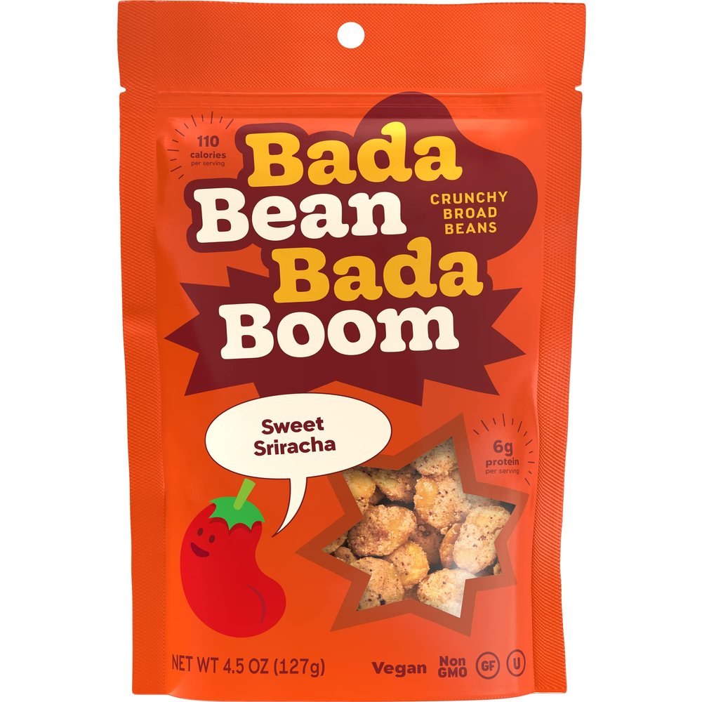 Bada Bean Bada Boom - Plant-Based Protein, Gluten Free, Vegan, Crunchy Roasted Broad (Fava) Bean Snacks, 110 Calories per Serving, Sweet Sriracha, 4.5 Ounce (Pack of 6)