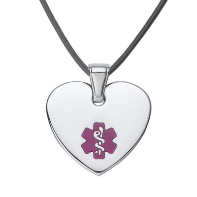 Divoti Deep Custom Laser Engraved Stainless Steel Medical Alert Necklace for Women, Heart Tag Medical ID Necklace, Medical Pendant Tag w/Free Engraving - 20 IN Genuine Leather Cord-TP Magenta