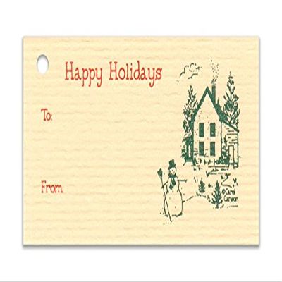 (15 Tags) Northwoods Holiday tan gift tags & strings. Happy holidays. To: From: hang tags.