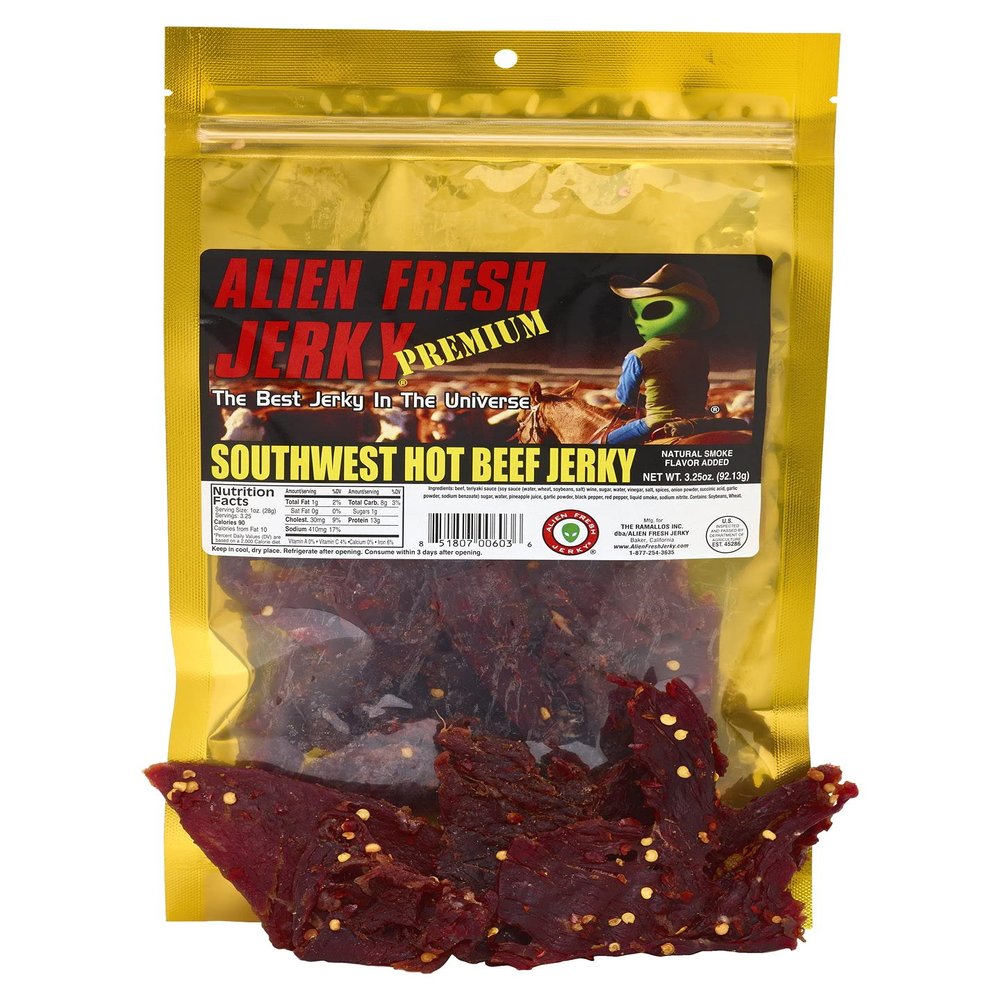 Alien Fresh Jerky - Classic - Southwest Hot - Premium Beef - Low Calorie Snack - The Best Jerky In The Universe - 3.25 OZ - Made In USA