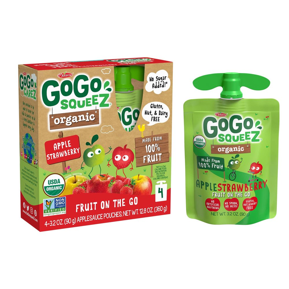 GoGo squeeZ Organic Applesauce, Apple Strawberry, 3.2 Ounce (4 Pouches), Gluten Free, Vegan Friendly, Unsweetened Applesauce, Recloseable, BPA Free Pouches