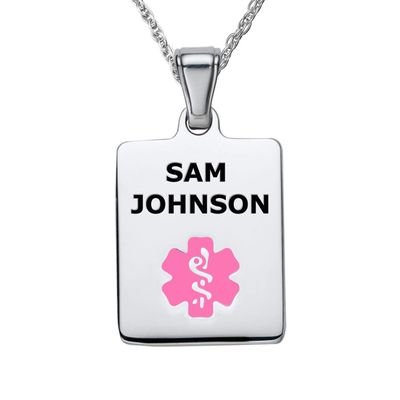 Divoti Deep Custom Laser Engraved Stainless Steel Medical Alert Necklace for Women, Sleek Tag Medical ID Necklace, Medical Pendant Tag w/Free Engraving -24" Rope Chain -Pink