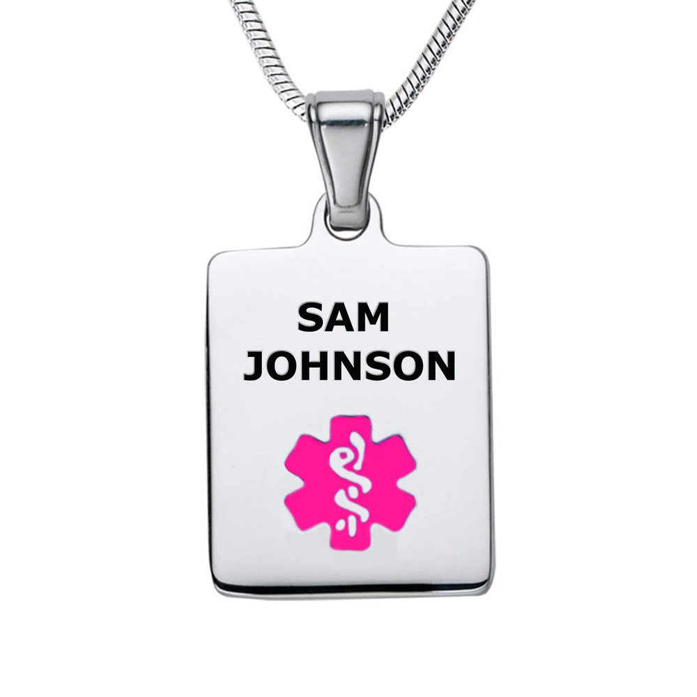 Divoti Deep Custom Laser Engraved Stainless Steel Medical Alert Necklace for Women, Sleek Tag Medical ID Necklace, Medical Pendant Tag w/Free Engraving -24/28" Snake Chain -Violet
