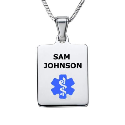 Divoti Deep Custom Laser Engraved Stainless Steel Medical Alert Necklace for Women, Sleek Tag Medical ID Necklace, Medical Pendant Tag w/Free Engraving -24/28" Snake Chain -Light BLue