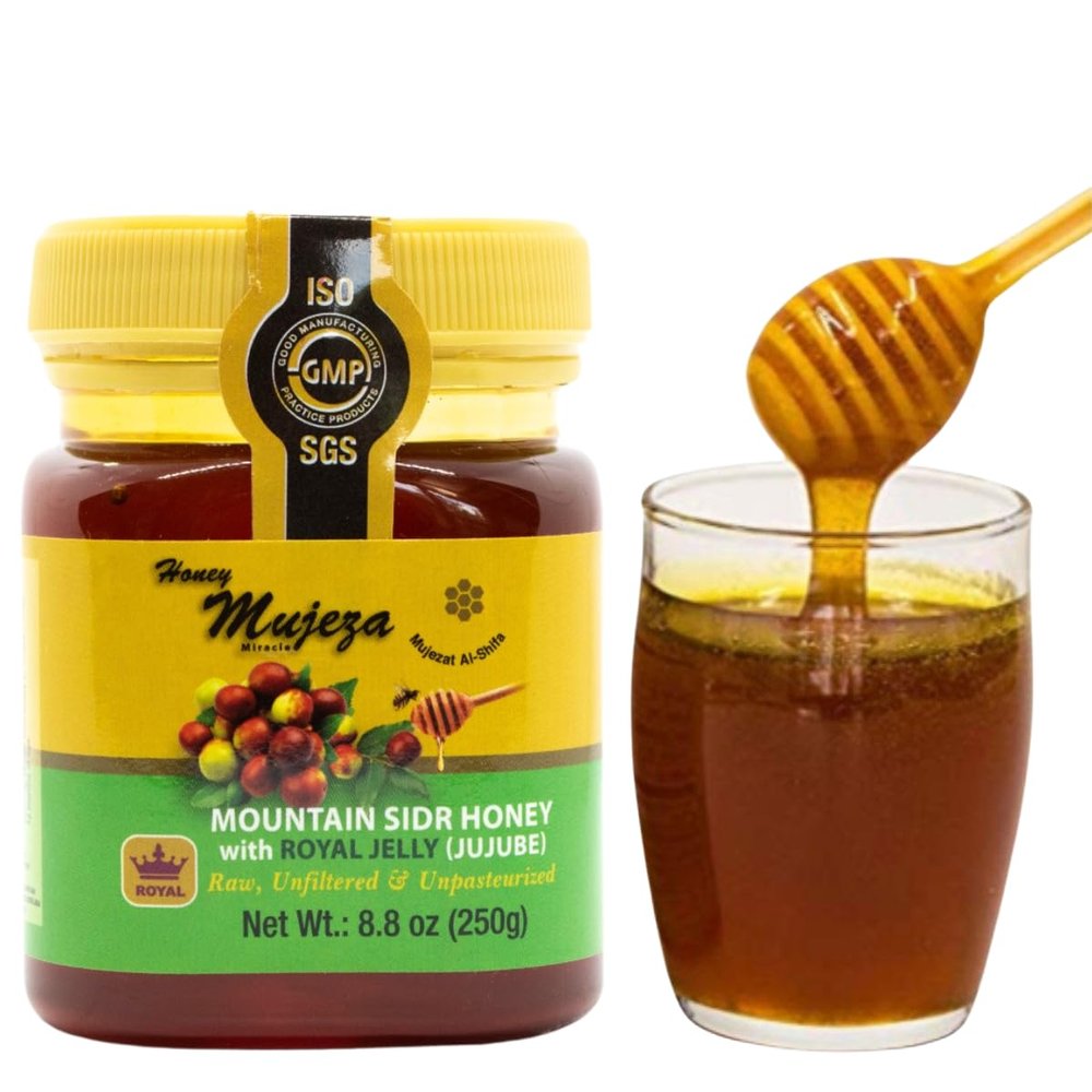 Authentic Mountain Sidr Honey with Royal Jelly Jujube Honey, Supports Mental Health, Memory and Cognition, 100% Natural, Raw Liquid Honey, Gluten Free (250g/ 8.8 oz)