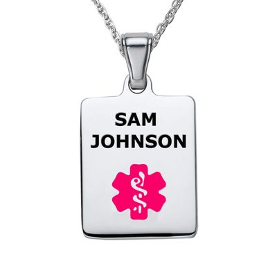Divoti Deep Custom Laser Engraved Stainless Steel Medical Alert Necklace for Women, Sleek Tag Medical ID Necklace, Medical Pendant Tag w/Free Engraving -24" Rope Chain -Vivid Red