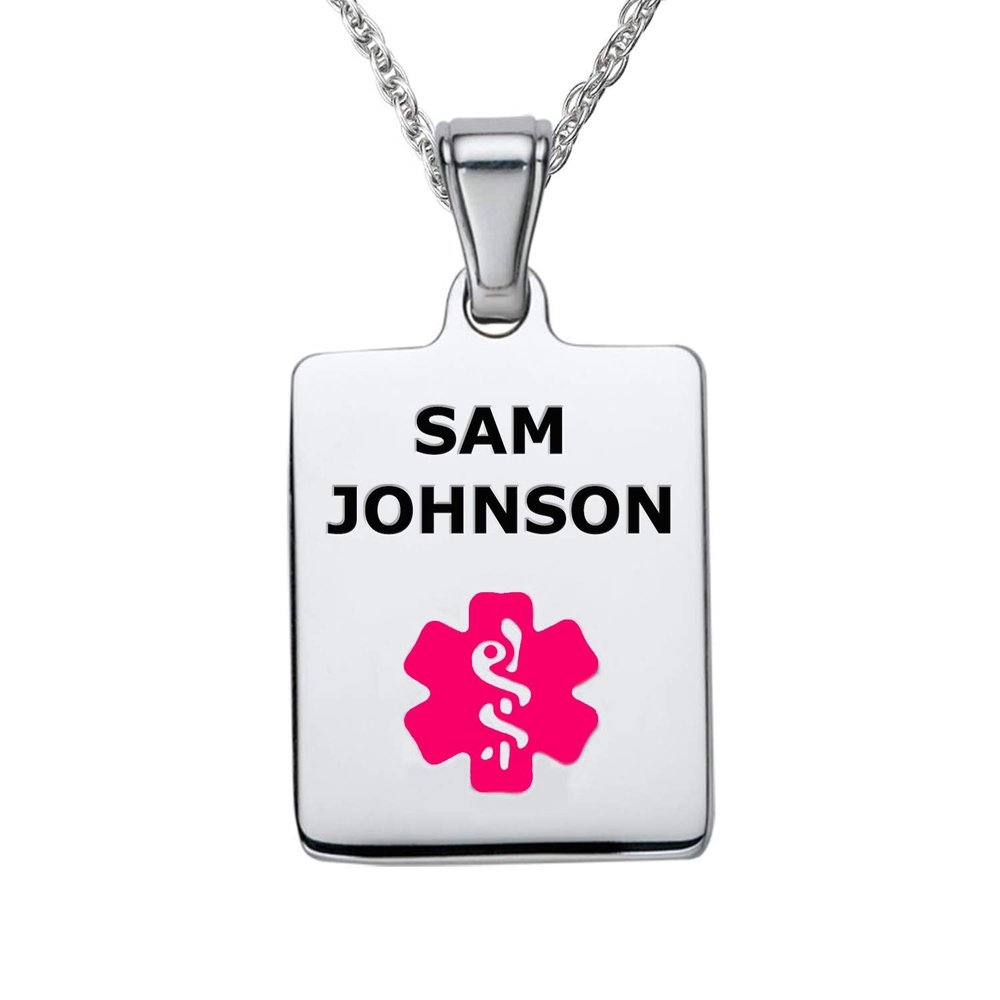 Divoti Deep Custom Laser Engraved Stainless Steel Medical Alert Necklace for Women, Sleek Tag Medical ID Necklace, Medical Pendant Tag w/Free Engraving -24" Rope Chain -Vivid Red