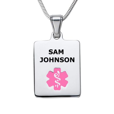 Divoti Deep Custom Laser Engraved Stainless Steel Medical Alert Necklace for Women, Sleek Tag Medical ID Necklace, Medical Pendant Tag w/Free Engraving -24/28" Snake Chain -Pink