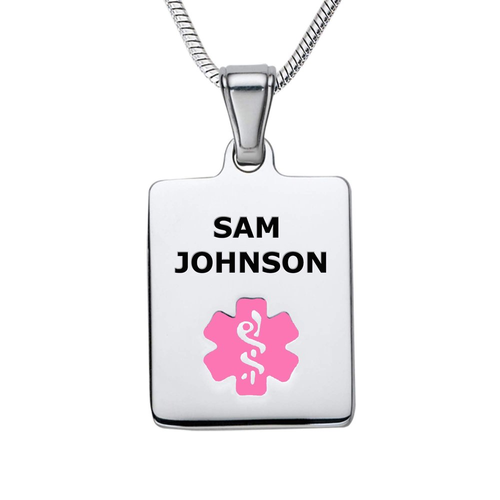 Divoti Deep Custom Laser Engraved Stainless Steel Medical Alert Necklace for Women, Sleek Tag Medical ID Necklace, Medical Pendant Tag w/Free Engraving -24/28" Snake Chain -Pink