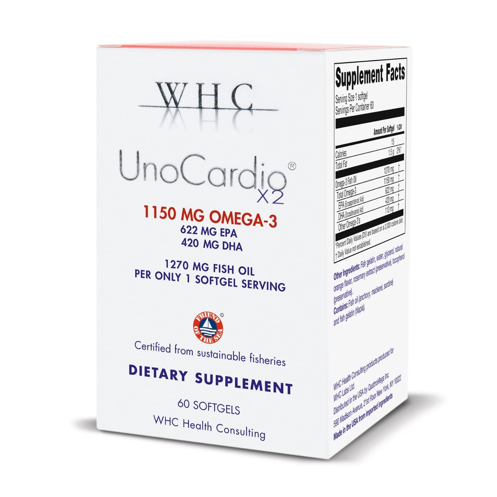 WHC, UnoCardio X2 Fish Oil, Triglyceride Omega-3 Fatty acids, 1270 mg Fish Oil Supplement (622 mg EPA / 420 mg DHA/Total 1150 mg of Omega-3 per Serving), Natural Orange, 60 softgels