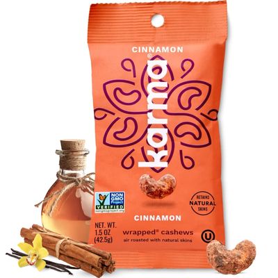 Cinnamon Cashews with Skin by Karma Nuts, Whole, Sweet, Roasted, Vegan, Gluten Free, Low Net Carb, Natural, Everyday Nut Snack, 1.5 Ounce (12 Snack Packs)