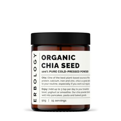 Erbology Organic Chia Powder 3.2 oz - Cold-Pressed from 100% Chia Seeds - Rich in Fibre, Protein and Minerals - Raw, Vegan and Gluten-Free - Non-GMO - Recyclable Glass Jar