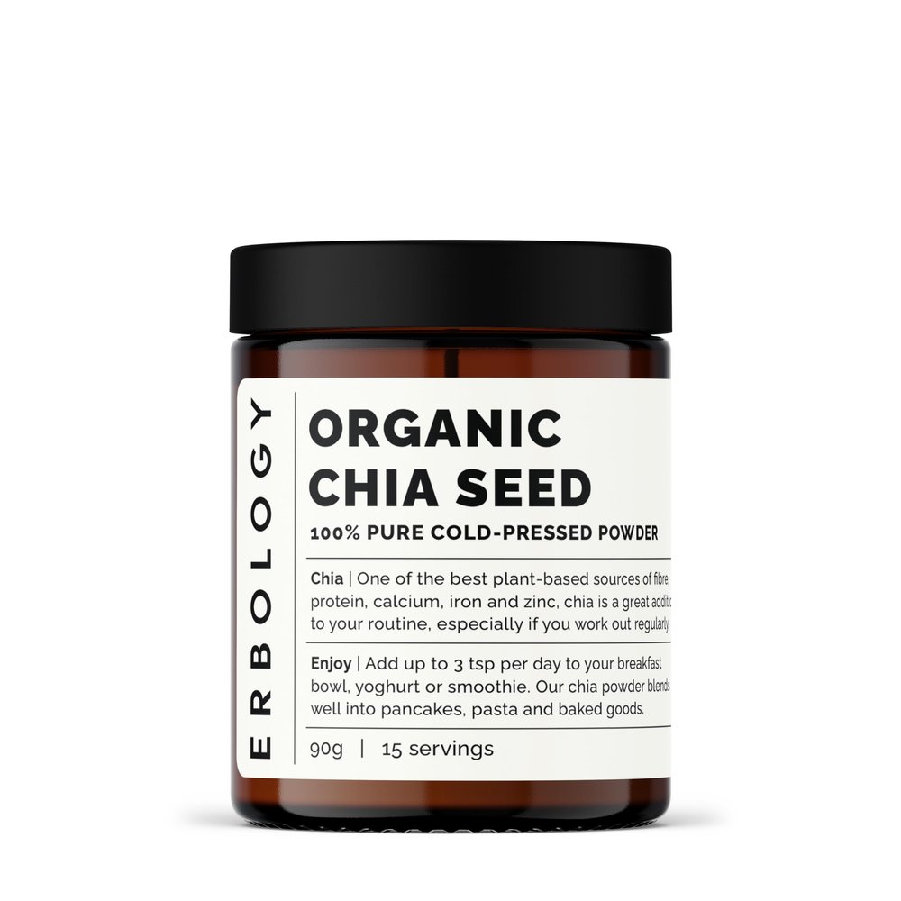 Erbology Organic Chia Powder 3.2 oz - Cold-Pressed from 100% Chia Seeds - Rich in Fibre, Protein and Minerals - Raw, Vegan and Gluten-Free - Non-GMO - Recyclable Glass Jar