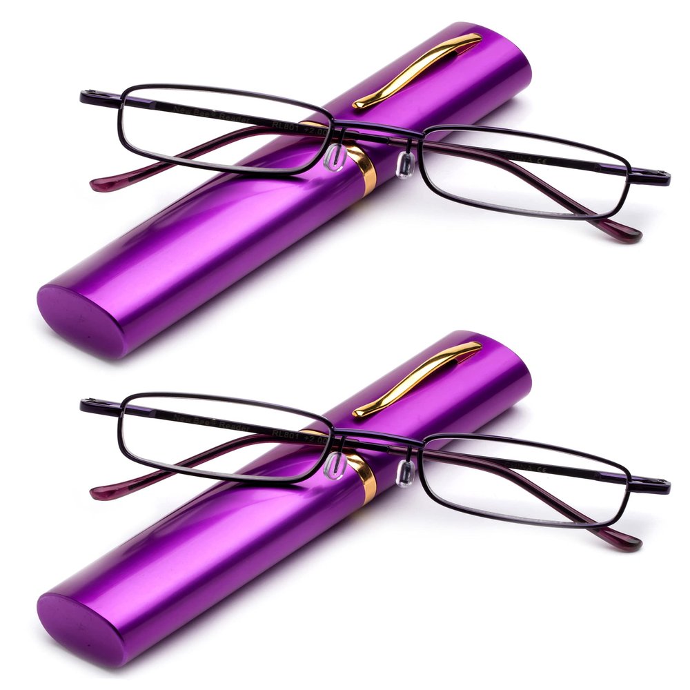 2 Packs Pocket Readers Ultra Slim Compact Tube Reading Glasses in Purple +1.00