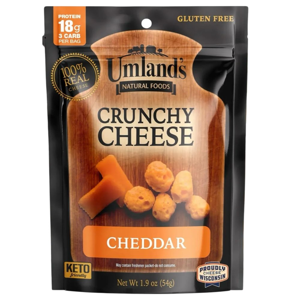 Umlands Crunchy Cheese  Cheddar (1.9 oz Bag) | 100% Real Wisconsin Cheese, Keto, Low-Carb, High-Protein, Gluten-Free, Shelf-Stable Snack