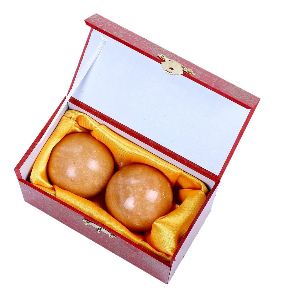 1.4'' Orange Natural Marble Baoding Chinese Health Stress Exercise Balls in Natural Stone Color Craft Collection Box Package