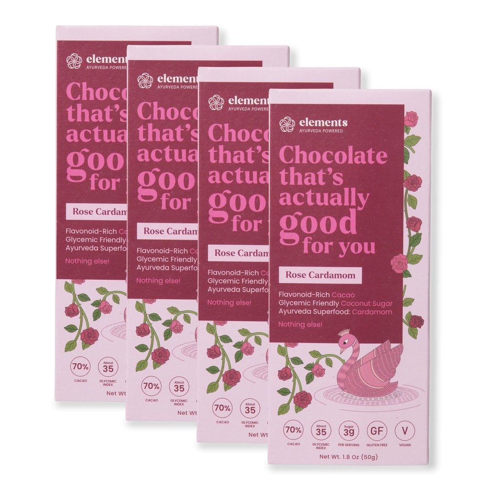 Elements Truffles Rose Cardamom Flavoured Dark Chocolate Bar| Ayurvedic, Vegan & Gluten Free | No Refined Sugar & Artificial Flavours | Enriched with Cocoa, Coconut Sugar & Cardamom 50g (Pack of 4)
