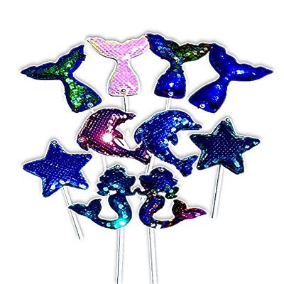 10 PCS Glitter Sequins Mermaid and Mermaid tail, Seastar, Dolphin, Cake/Cupcake Toppers Happy Birthday Party Decorations Under the Sea Themed Party Beach Parties Baby Showers Pool Parties Bridal Showers More