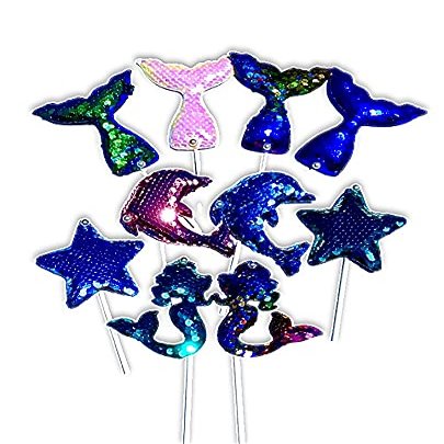 10 PCS Glitter Sequins Mermaid and Mermaid tail, Seastar, Dolphin, Cake/Cupcake Toppers Happy Birthday Party Decorations Under the Sea Themed Party Beach Parties Baby Showers Pool Parties Bridal Showers More