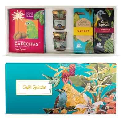 Cafe Quindio Barranquero Gift Set - The Best Assortment of Coffee Products - 1 Gourmet Ground Coffee + 1 Genova Ground Coffee + 2 Milk Caramels + 1 Cafecitas Cookies