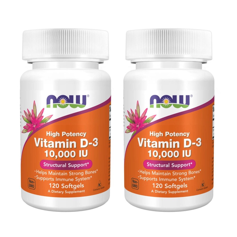 NOW Foods High Potency Vitamin D-3, 10,000 IU, 120 Softgels, 2 Pack